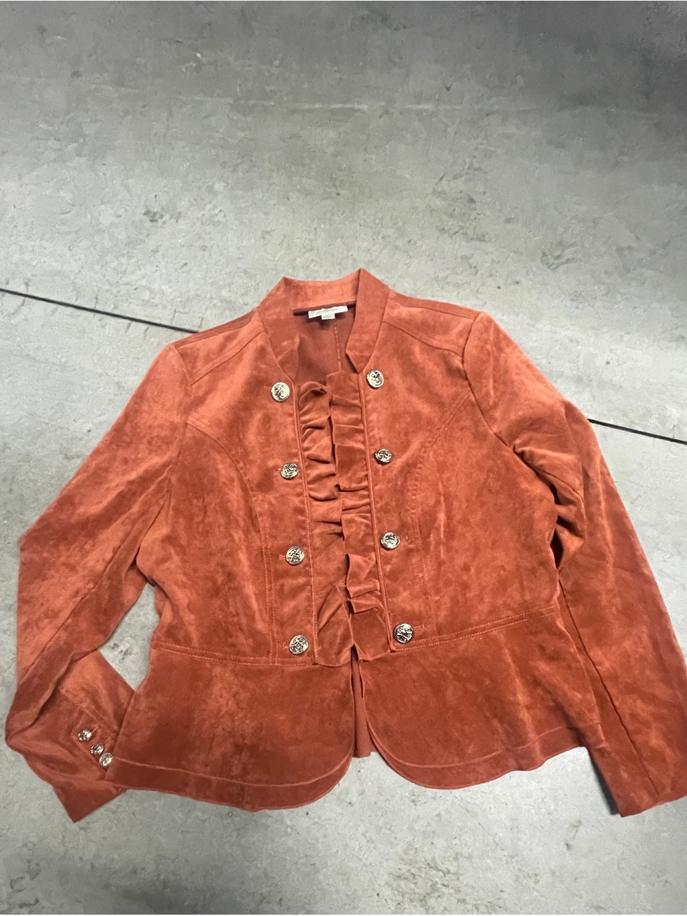 Dressbarn Jacket XL Rust Orange Faux Suede Ruffle Military Victorian Steampunk L - Picture 2 of 7